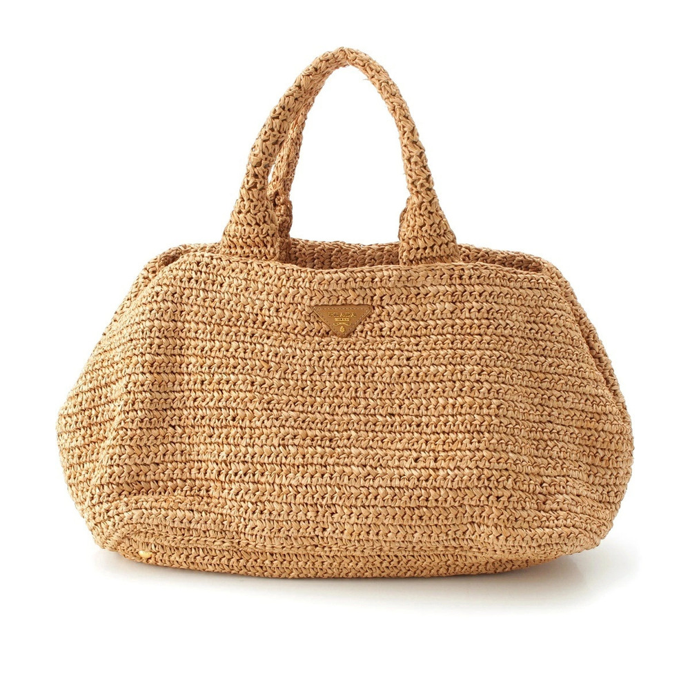 Prada Raffia Triangle Woven Tote Bag Handbag Beige Cream